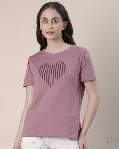 Heart Printed Relaxed Tee - Purple