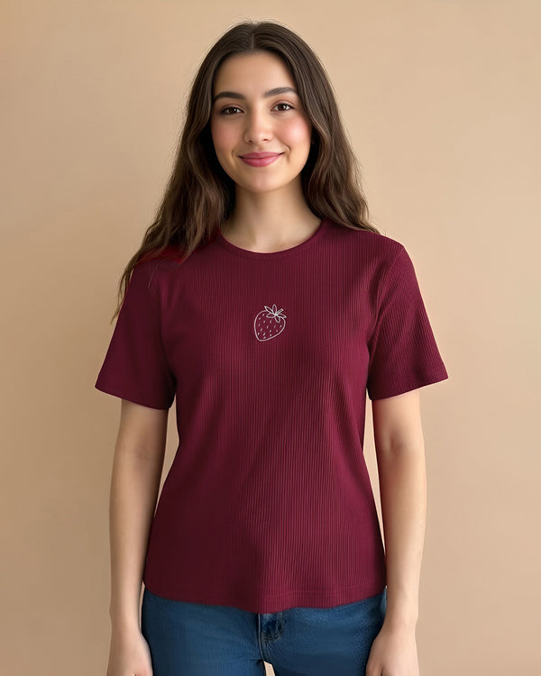 Embroidered Rib Tee - Mehandi Maroon