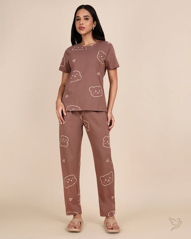 Teddy Face Printed Co-ord Set - Cappucino