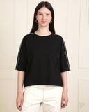 Oversized Contrast Piped Tee - JetBlack