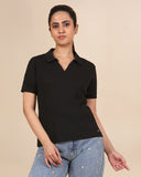 Ribbed Collar Tee -  Black