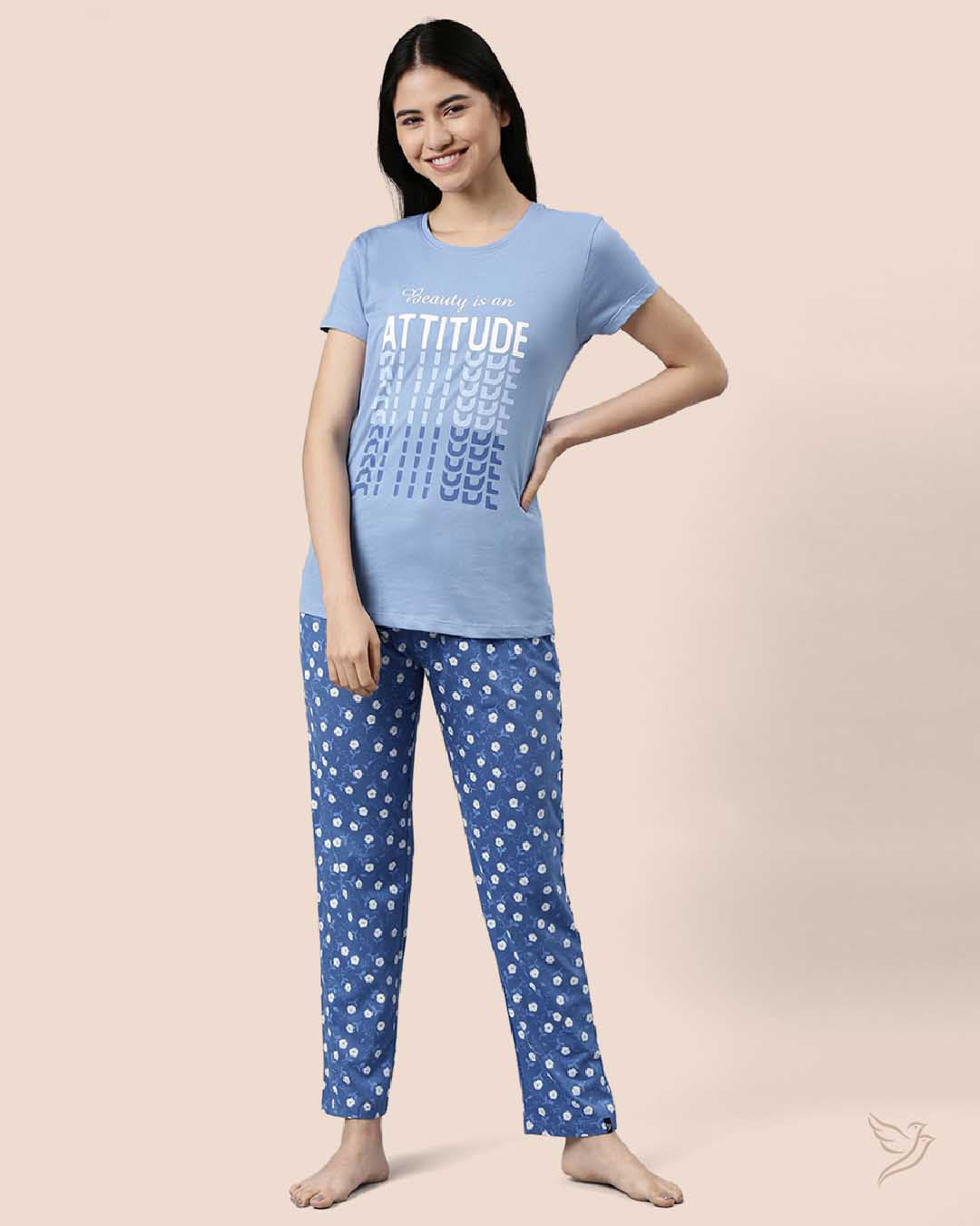 Blue & Blue Printed Lounge Wear Pyjama Set for College Girls