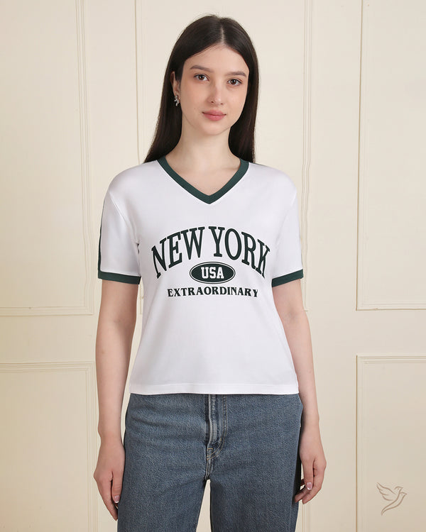 Contrast V Neck Printed Tee - WhitePlus/BottleGreen