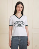 Contrast V Neck Printed Tee - WhitePlus/BottleGreen