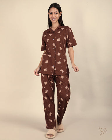 Teddy Printed Collared Co-ord Set- Maple Syrup