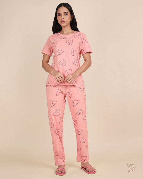 Big Heart Printed Co-ord Set - Bridal Rose