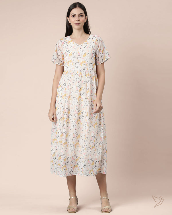 Women Flutter Sleeve Dress - Off White