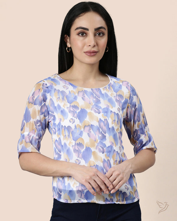 Blue White Women Georgette Short Top