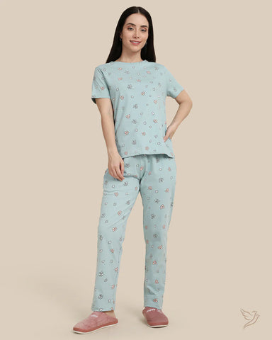 Floral Printed Co-ord Set - Aqua Loungewear