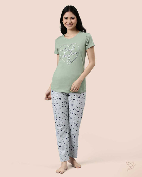 Light Green & Grey Women Printed Lounge Wear Pyjama Set