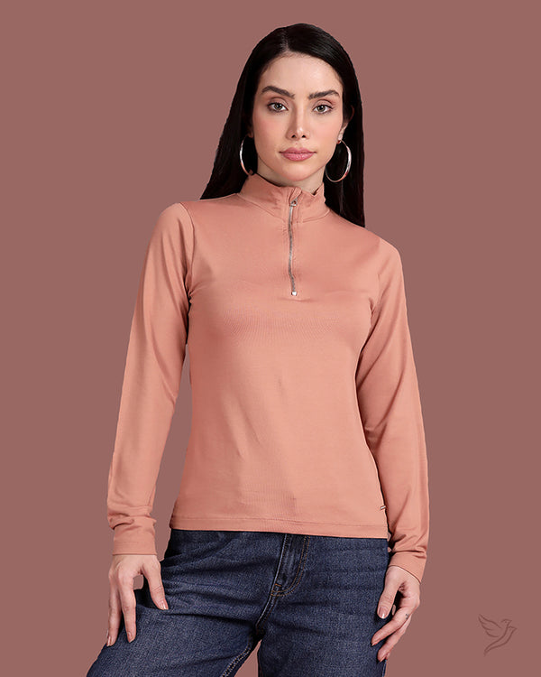 High Neck - Zip Closure Top - Cinnamon