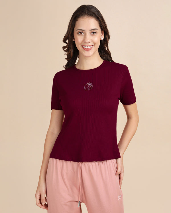 Embroidered Rib Tee - Mehandi Maroon