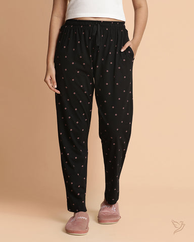Daisy printed Night Pants - Jet Black