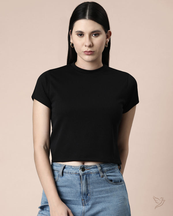 Women Ribbed Crop Top - Black