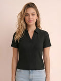 Ribbed Collar Tee -  Black
