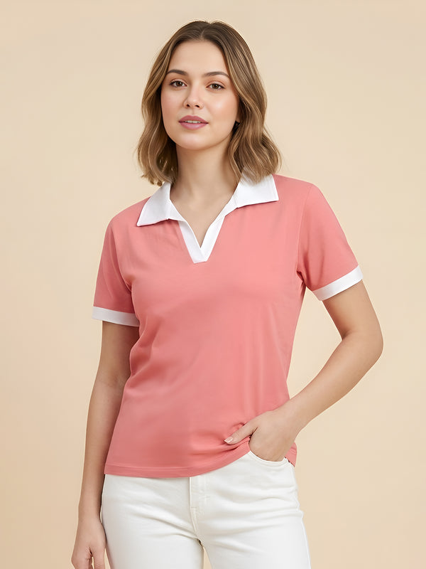 Contrast Collar Tee -  Soft Pink