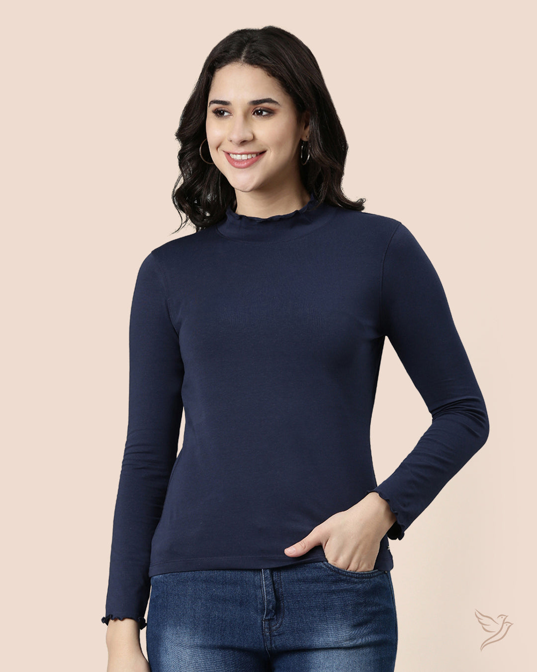 Navy Women High Neck Frill Tee 