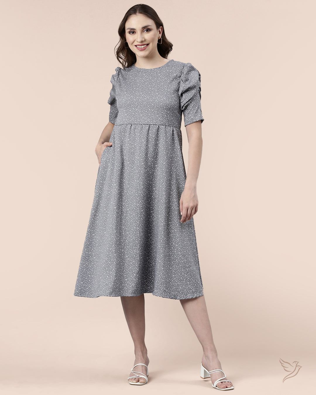 Grey Floral Printed Puff Sleeve Dress for Women