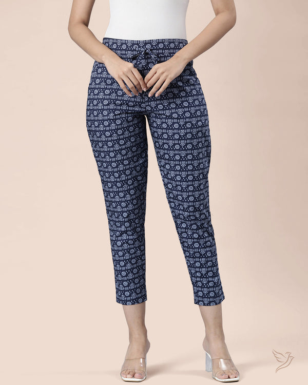 Women AOP Straight Pant - Navy