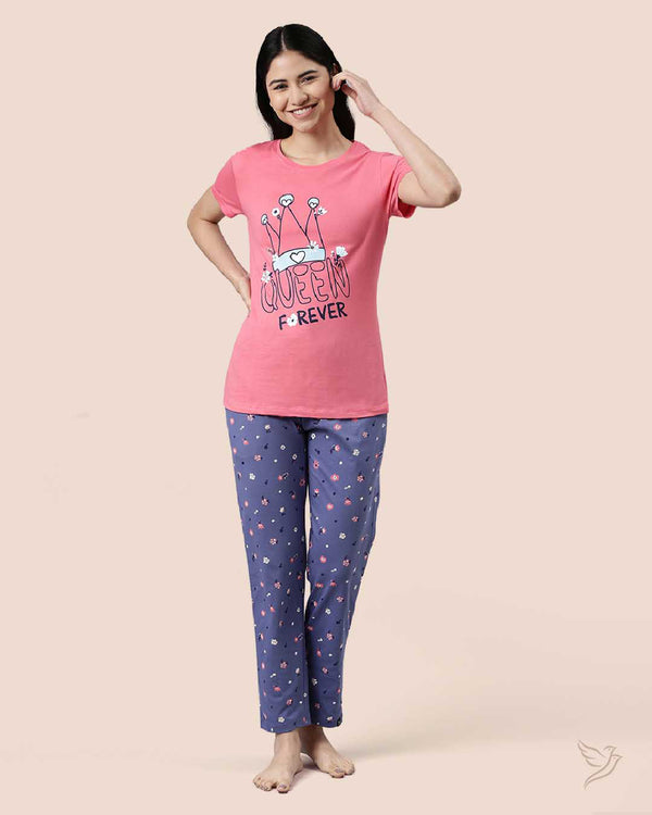 Pink & Blue Women Printed Lounge Wear Pyjama Set