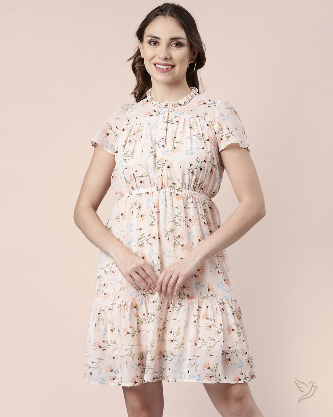 Peach Floral Printed Cap Sleeve Dress