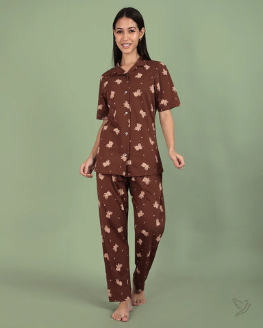 Teddy Printed Collared Co-ord Set- Maple Syrup