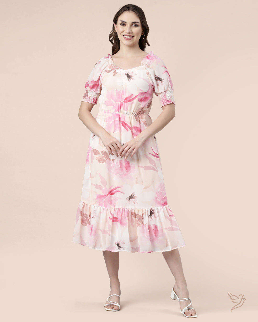 Peach Pink Floral Printed Smocked Dress for Women