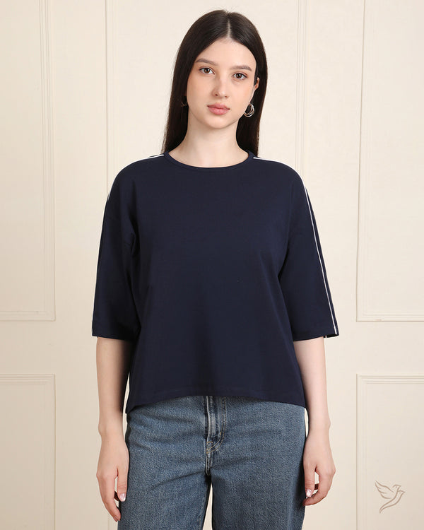 Oversized Contrast Piped Tee - DeepNavy