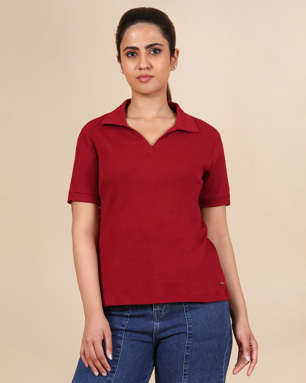 Ribbed Collar Tee -  Mehandi Maroon
