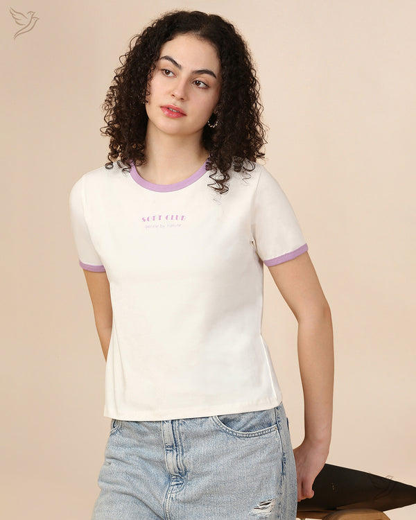 Contrast Neck Sleeve Printed T-Shirt - CremeDeLaCream/MidLavender