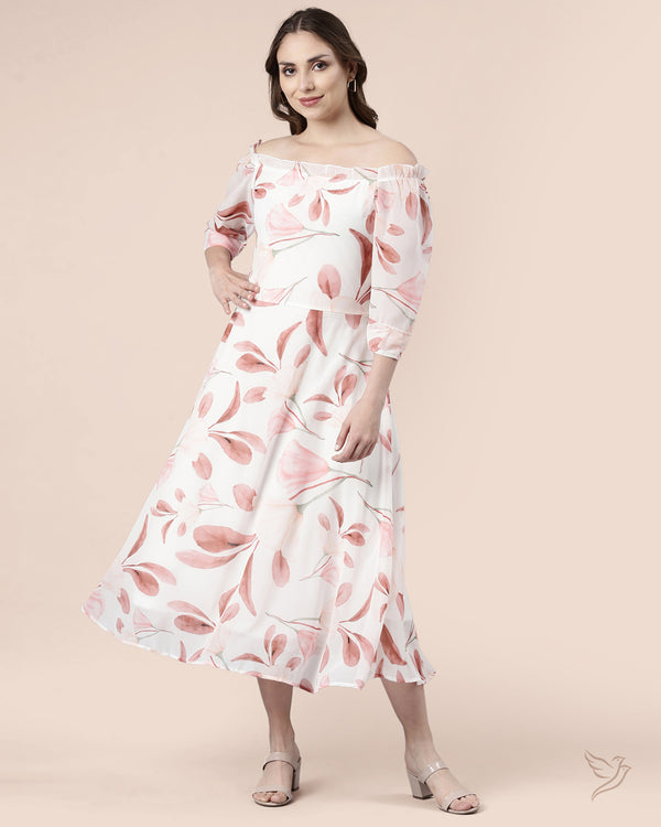 Pearl White Peach Printed Women Off Shoulder Dress