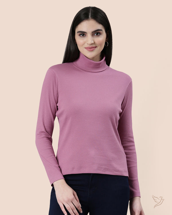 Women Turtle Neck Ribbed Tee