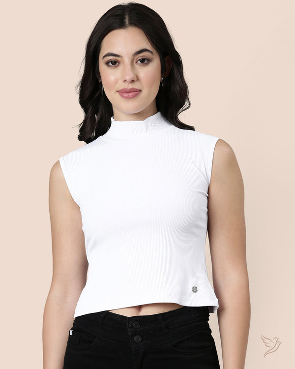 White Women Sleeveless Ribbed Tee