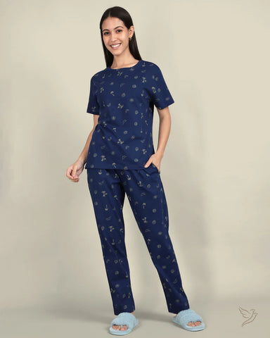 Beach Elements Printed Co-ord Set - Navy Peony