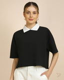 Oversized Contrast Collar Tee - JetBlack