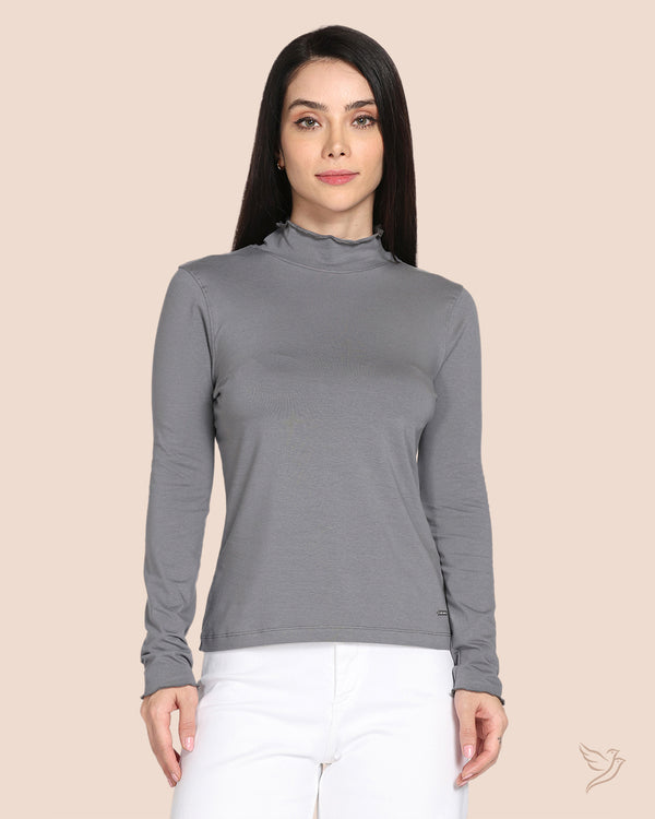 High Neck Frill Tee - Anthrazite Grey