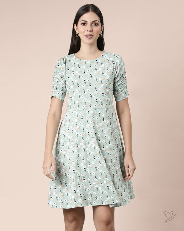 Women AOP Knitted Dress - Turquoise Green