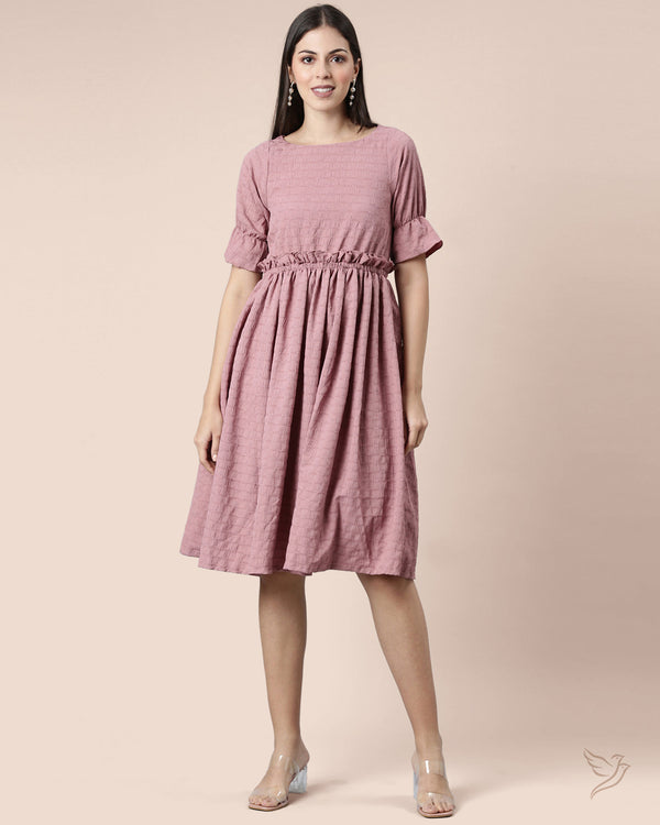 Women Ruffle Waist Dress - Rosy Brown