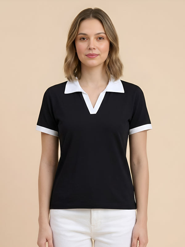 Contrast Collar Tee -  Black