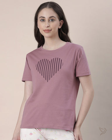 Heart Printed Relaxed Tee - Purple