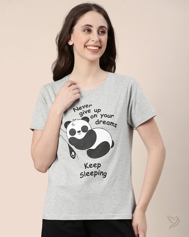 Panda Printed Relaxed Fit Tee - Light Grey