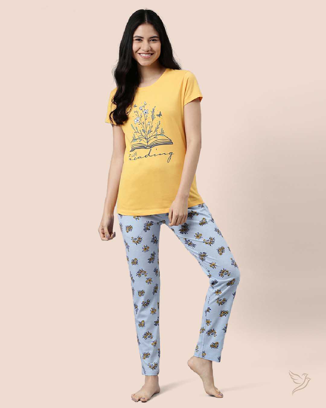 Yellow & Blue Women Printed Lounge Wear Pyjama Set