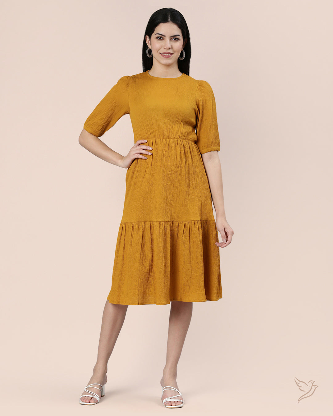 Buy Mustard Women Stylish Solid Wrinkle Dress Online Twin Birds Store