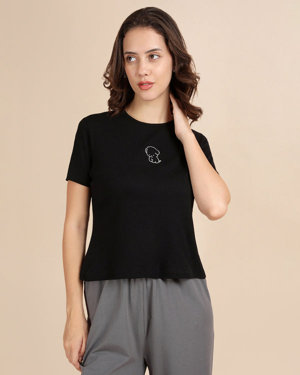 Embroidered Rib Tee - Black