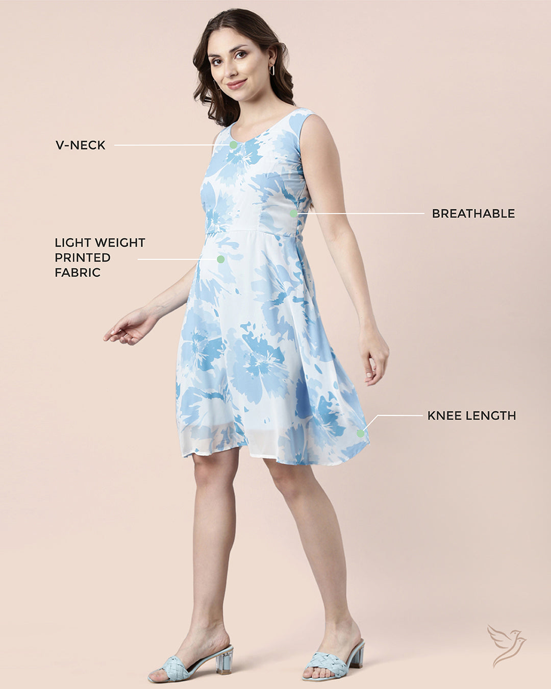Sky Blue Printed Sleeveless Georgette Dress for College Girls
