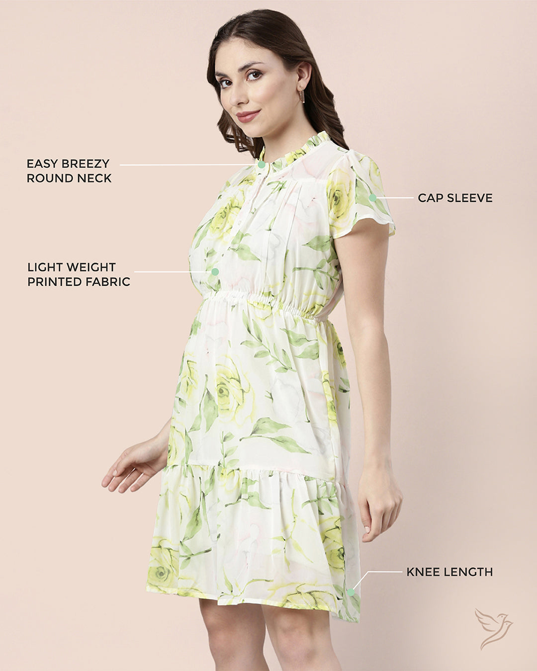Lime Green Floral Printed Cap Sleeve Dress for College girls