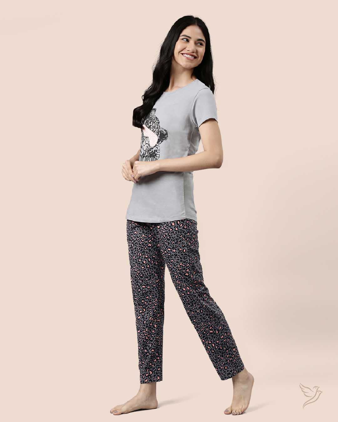 Grey & Black Printed Lounge Wear Pyjama Set for Women