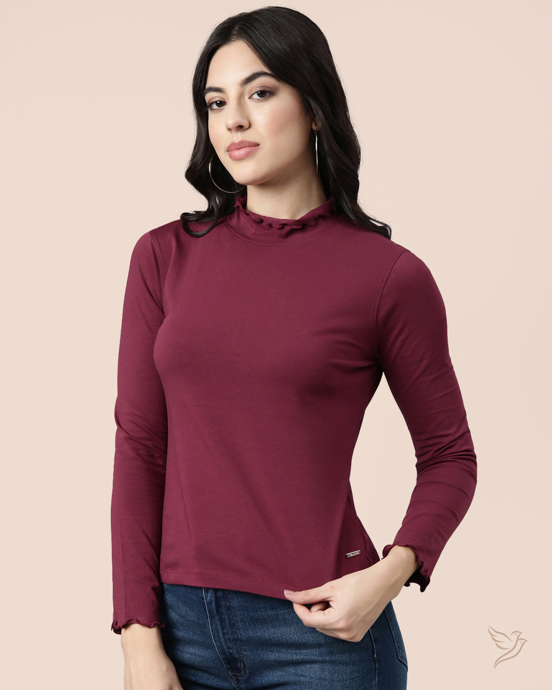 Grape Vine High Neck Frill Tee for Women