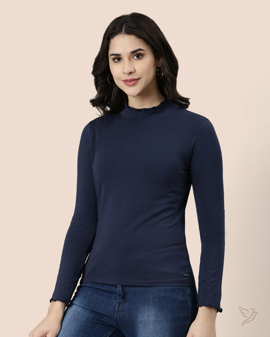 Navy High Neck Frill Tee for Women