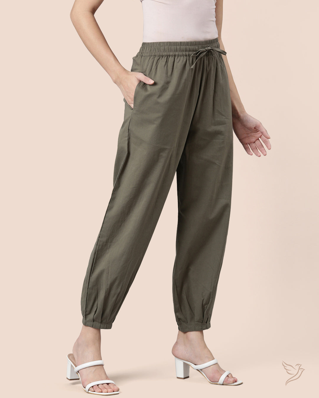 Olive Dark Pleated Pant for Women